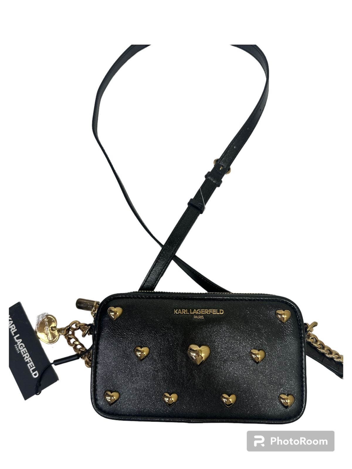 CROSSBODY/CARTERA NEGRA CON CORAZONES DORADOS TAMAÑO PEQUEÑO