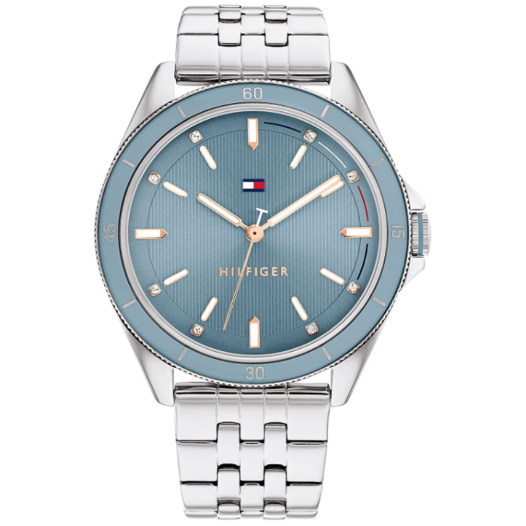 RELOJ TOMMY HILFIGER PLATEADO CON CELESTE