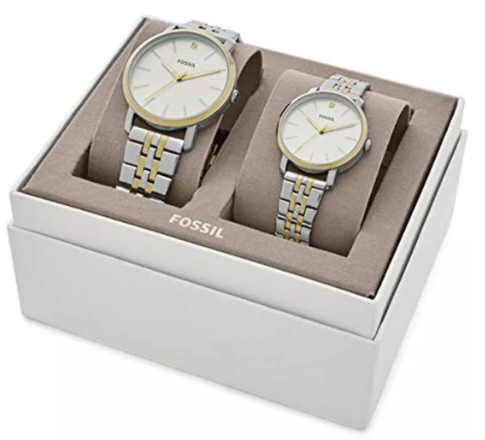 SET DE PAREJA FOSSIL PLATEADO CON DORADO Y DIAMANTES BQ2467SET